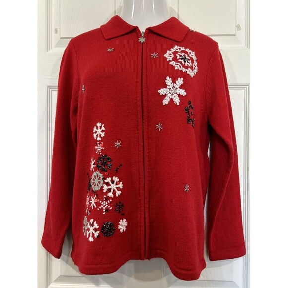 Allison Daley Cardigan Women's M Full Zip Red Christmas Sweater Snow Flakes - Picture 1 of 12
